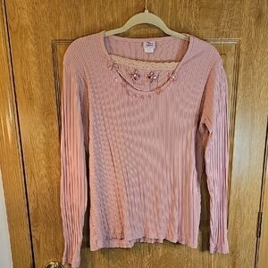 Elegant Pink Ribbed Long Sleeve Top with Embroidery
